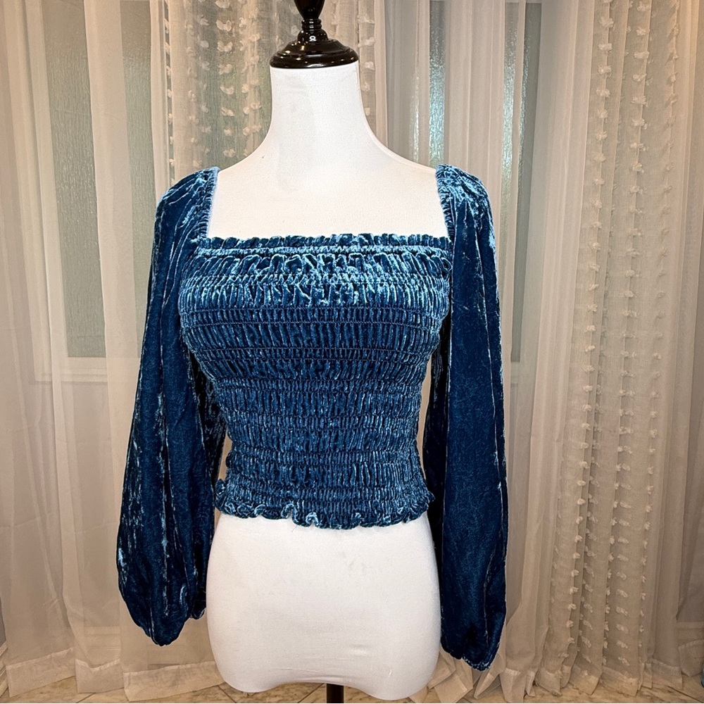 Anthropologie Teal Velvet Smocked Blouse